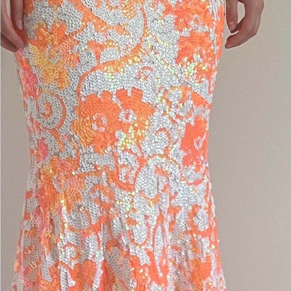 Jovani Coral & White Sequin Floral Prom Dress style 08257 - Picture 3 of 15